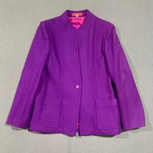 Halston III Purple Wool Blazer Collarless Button Front‎ Jacket Womens Sz 10